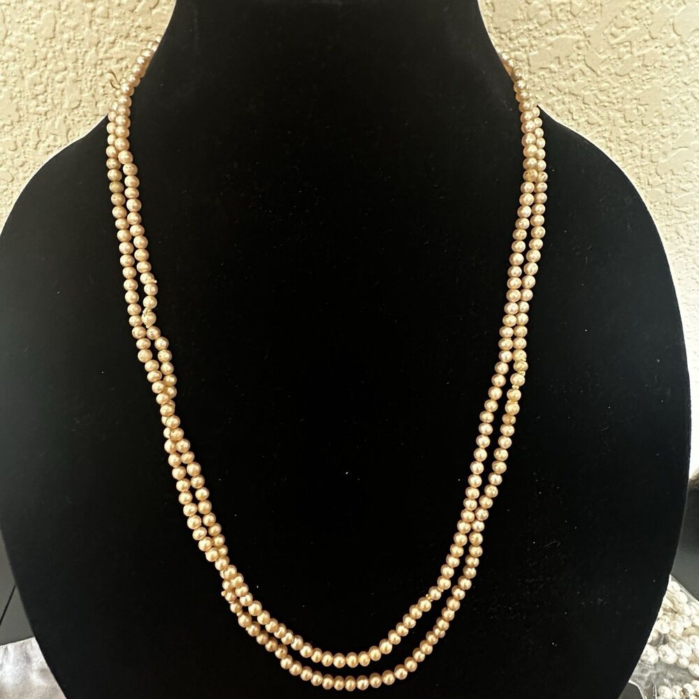 Vintage Faux Pearl Double Strand Necklace Champagne‎ Made In Japan MCM 1950s